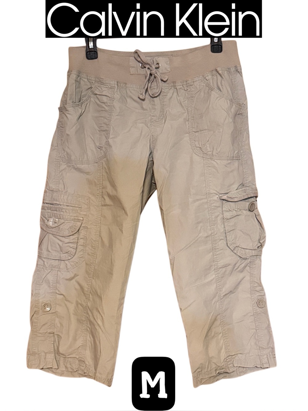 Calvin Klein Women’s Taupe Cargo Capris with Drawstring Waist Sz M